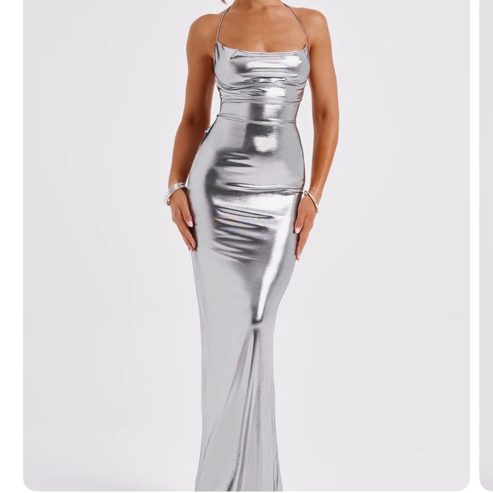 Silver Asymmetrical Ruched Strapless Maxi Dress never worn